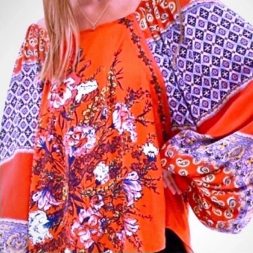 Free People Positano Orange Peasant Blouse Sz M NWT